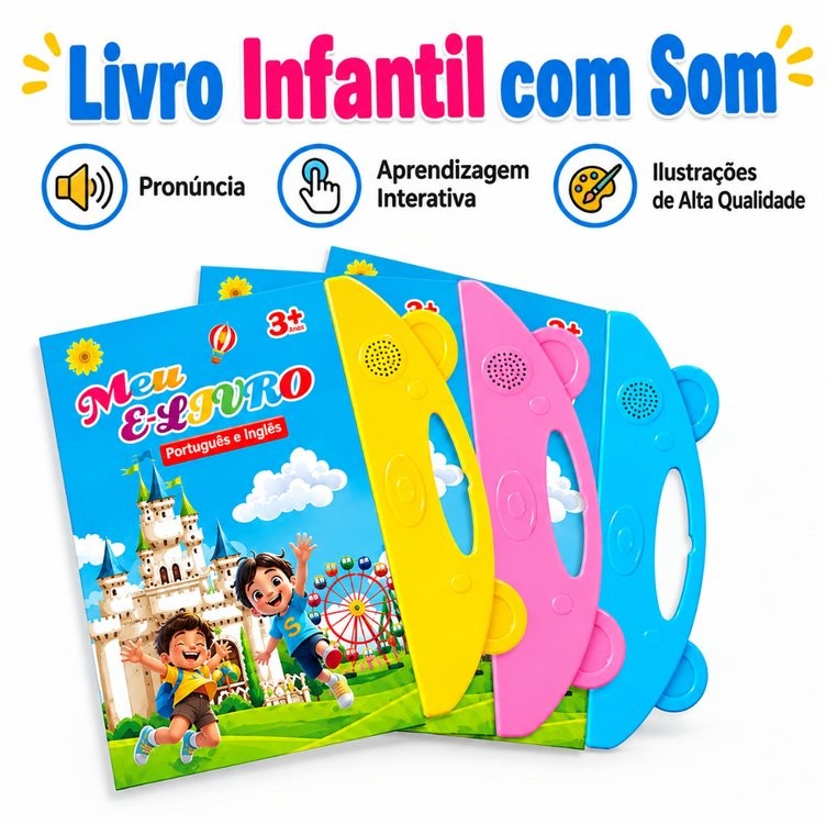 Livro Interativo com Som Infantil Bilíngue Português Inglês Multi Temas Educativo Presente Dia das Crianças