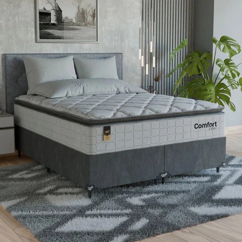 Cama Box Queen + Colchão Comfort Class Pillow Top 158x198cm Branco/suede Cinza