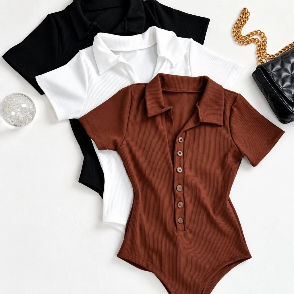 Body Feminino Gola Polo Canelado Manga Curta com Botões – Modelo Collant