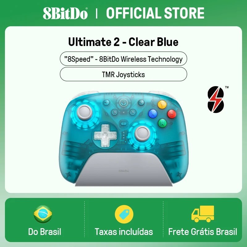 Controle 8BitDo Ultimate 2 Gamepad Clear Blue sem Fio 2.4G para Pc e Android, com Joysticks Tmr, Gatilhos Comutáveis, Controle de Movimento, 8 Velocidades