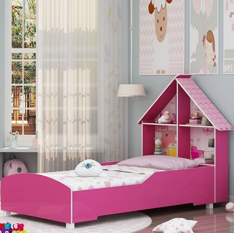 Cama Infantil Casinha 090 com Pés Pink Ploc - Gelius