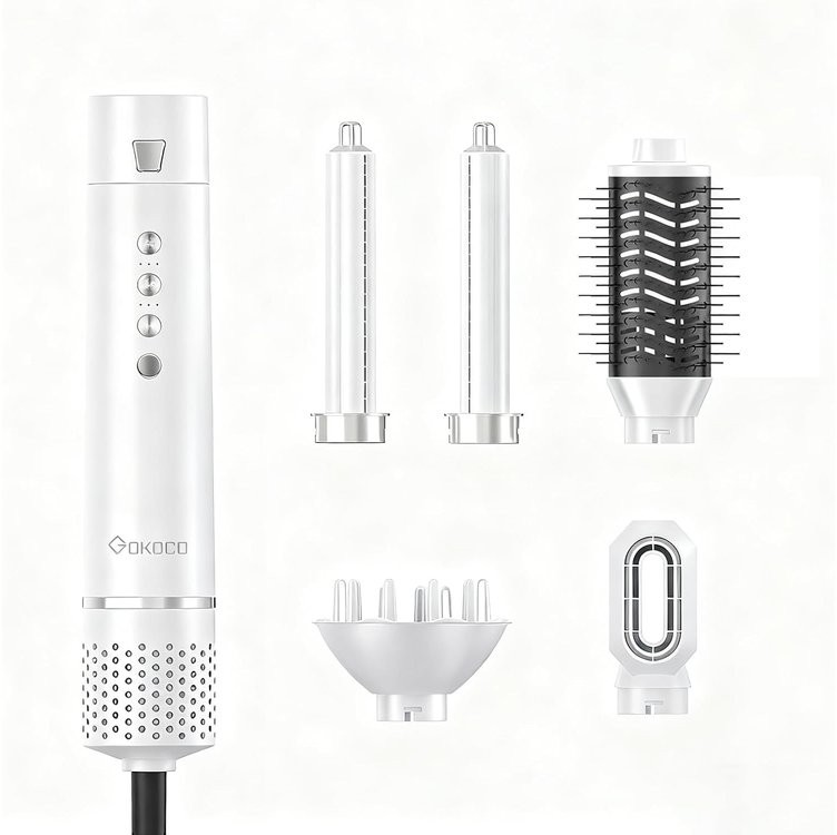 GOKOCO GD031 Escova Secador 5 em 1 Bivolt 127-220V, Motor Silencioso, 5 Acessórios para Pentear e Modelar, Uso Doméstico e Pet, Branco