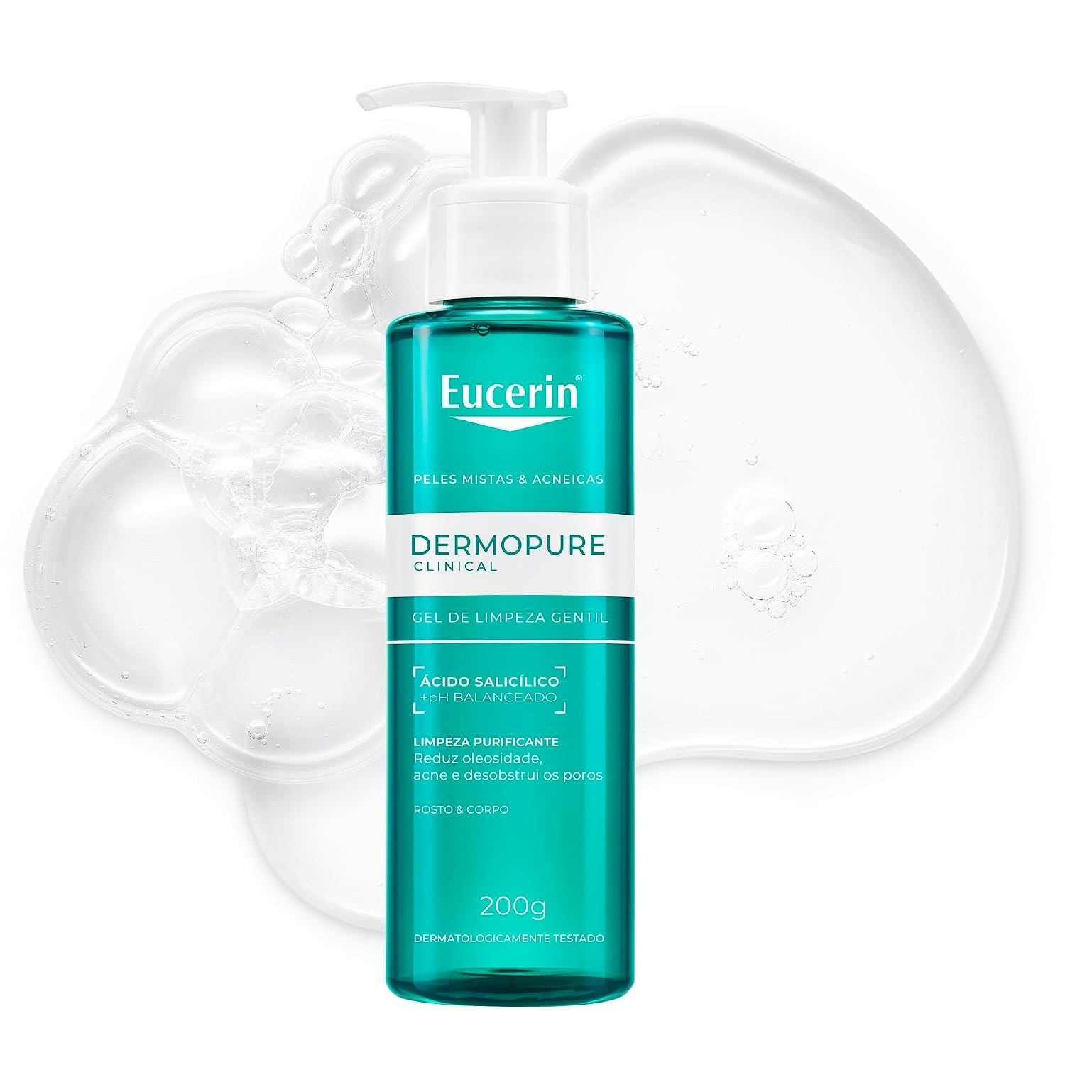 Eucerin Dermopure Clinical Gel de Limpeza Gentil 200ml, Redução da oleosidade e acne, Desobstrui os poros