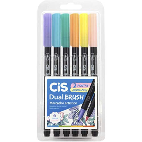 Caneta pincel dual Brush Aquarelável com 6 cores Pastel Cis