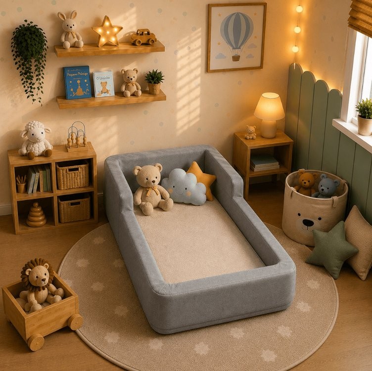 Berço Cama Infantil com Proteção nas Laterais e Acabamento Estofado Premium Suede Montessori 100% Espuma