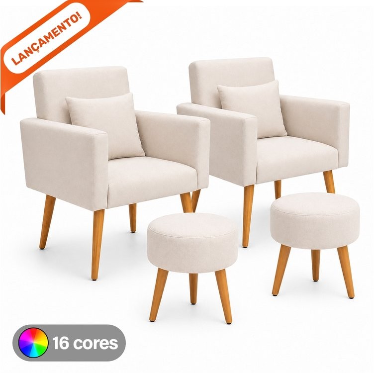 Kit 02 Poltronas Decorativas para Sala Nina com Almofadas e 02 Puff Redondo Suede Aninha Decor