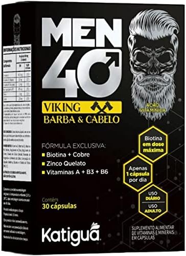 Katiguá, Men 40 Viking Barba e Cabelo, Com Biotina + Cobre, Zinco Quelato, Vitamina A + B3 + B6, Sem sabor, Para Homens, 30 Cápsulas rígidas • 30 doses, Preto