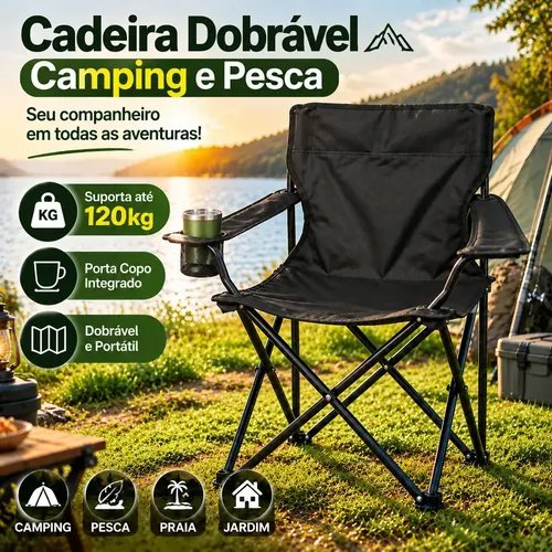 Cadeira Dobrável com Porta Copo Bolsa Portátil Resistente até 120kg